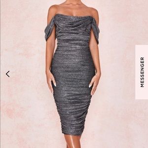 GREY LUREX SPARKLE OFF SHOULDER DRESS